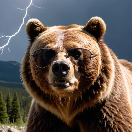 Prompt: The shadow of a Grizzly bear head wearing sunglasses during a thunder storm 