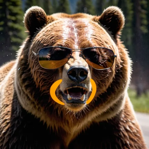 Prompt: The shadow of a Grizzly bear head wearing sunglasses during a thunder storm 