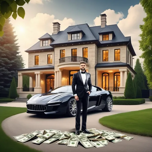 Prompt: rich man has money  and in the back round there is a big house and car