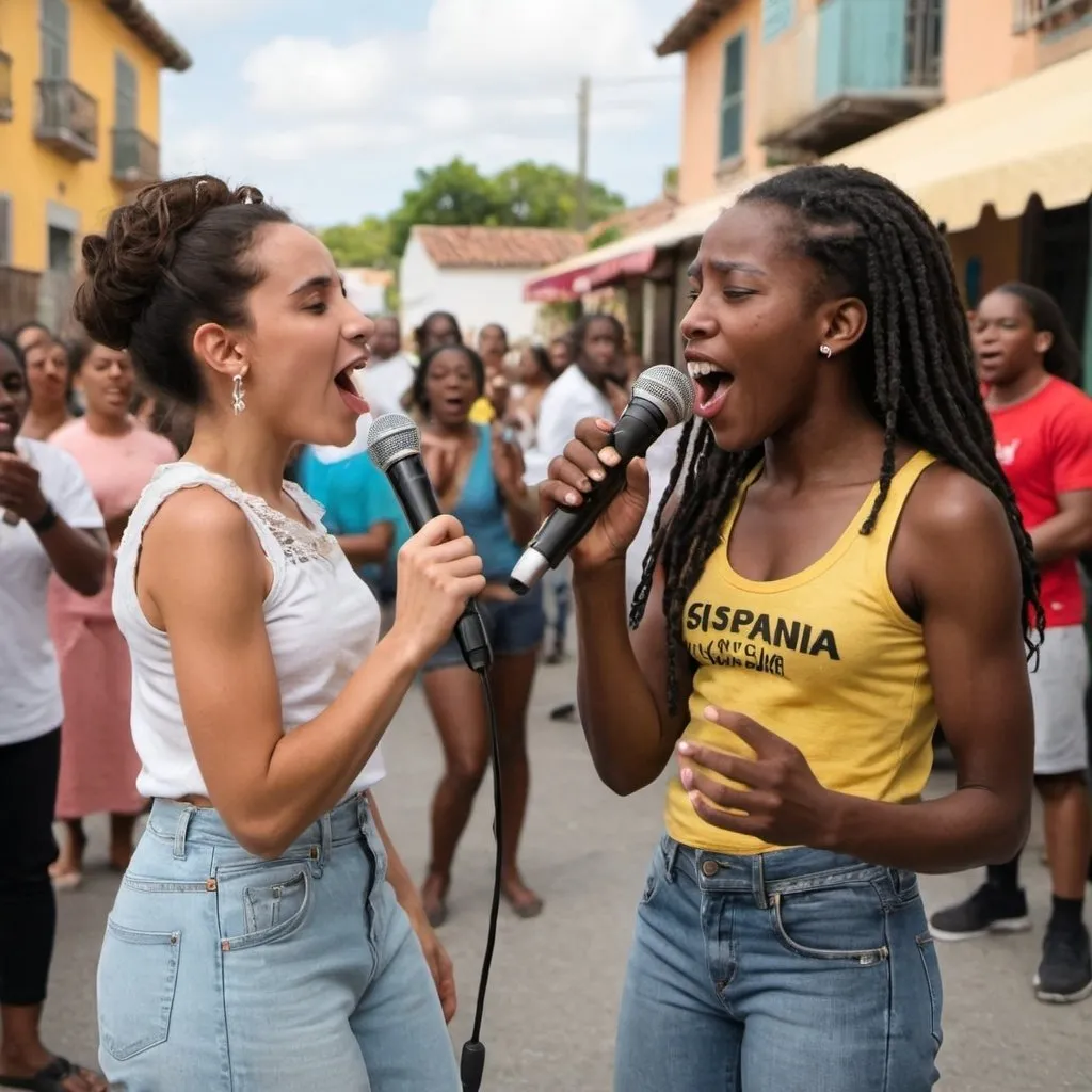 Prompt: A spanish girl and jamaican girl singing at scene