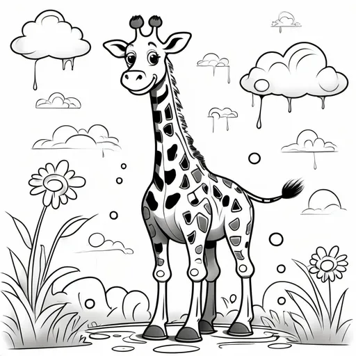 Prompt: A cheerful giraffe with a big brush, standing on its hind legs, drawn in a Disney-inspired style with clear, thick black-and-white lines for a children's coloring book. black and white picture. 
The giraffe has a playful smile, and paint splashes are scattered around for added fun. The scene is simple and easy to color, with clouds and a sunny sky in the background. no color.