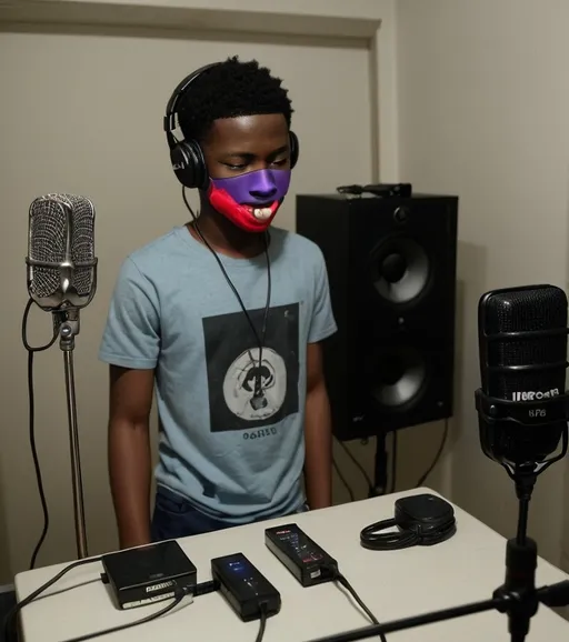 Prompt: A humble recording setup in a friend’s small room, with a microphone, headphones, and a young ikorodu boy passionately singing into the mic. 