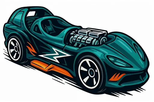Prompt: A stylized, Hot Wheels-inspired with exaggerated features (big wheels, flames, sleek body), flames coming from the back tires, isolated on a transparent background, flames coming from the back, front 3/4 view, high-resolution, no background.
