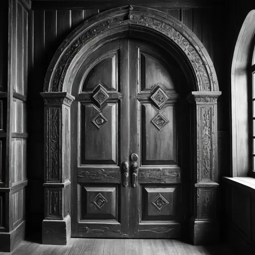 Prompt: black and white Ancient, all wooden mystical rustic arched inside door to library