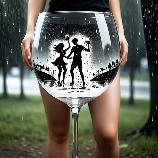 Prompt: giant wine glass with image inside glass of boy and girl lovers in summer short white dress and gutyin black shorts dancing in rain having fun