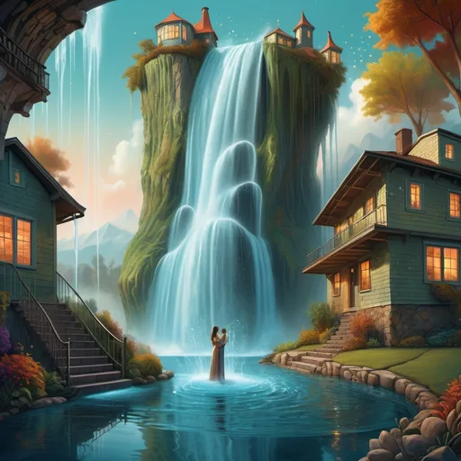 Prompt: fantasy illustration of a (vibrant) scene, a giant pitcher mounted on a wall, creatively depicting a waterfall illusion with a cascade of water flooding a cozy house, a (surprised) woman and man gazing in shock at the surreal spectacle, rich and immersive color palette, (dynamic) movement in the water, intricate details of the sparkling droplets, (highly detailed) environment and textured surfaces, (ultra-detailed), whimsical and dreamlike ambiance.