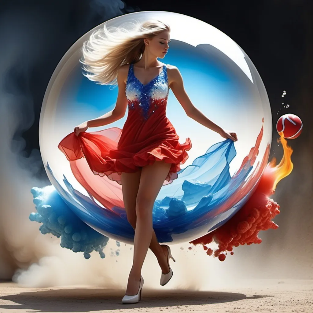 Prompt: very large crystallize ball inside image o young lady fantasy walking horse with summer short dress wind blowing up gress ball is on fire  red white blue  mix in