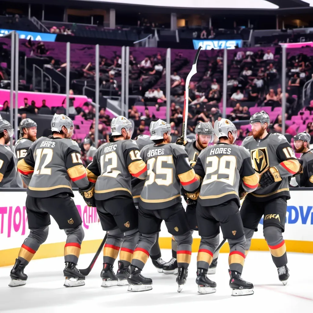 Prompt: Las Vegas Nevada inside TMobile arena golden knights  12 hores with riders fighting giants florida panther and with hocker players riding on Panthers everyone have swords all have fire balls battle with river between them