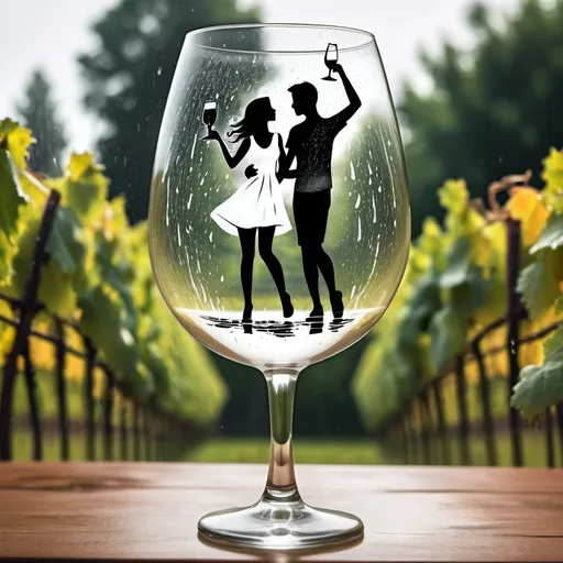 Prompt: giant wine glass with image inside glass of boy and girl lovers in summer short white dress and gutyin black shorts dancing in rain having fun