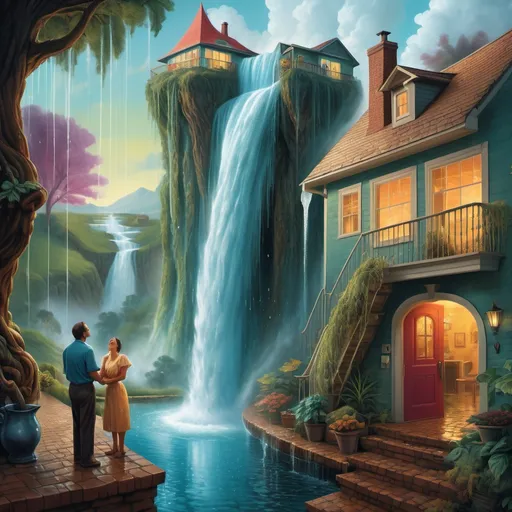 Prompt: fantasy illustration of a (vibrant) scene, a giant pitcher mounted on a wall, creatively depicting a waterfall illusion with a cascade of water flooding a cozy house, a (surprised) woman and man gazing in shock at the surreal spectacle, rich and immersive color palette, (dynamic) movement in the water, intricate details of the sparkling droplets, (highly detailed) environment and textured surfaces, (ultra-detailed), whimsical and dreamlike ambiance.