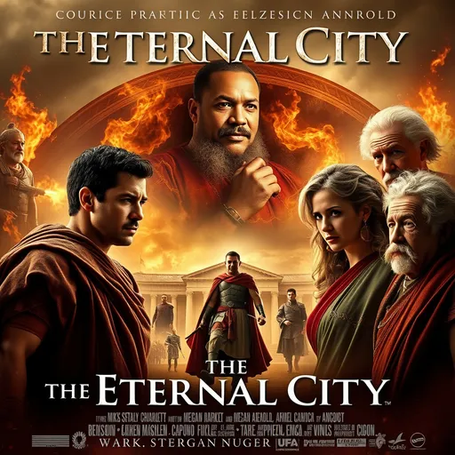 Prompt: An intense Roman movie poster in Roman times titled “The Eternal City” starring Chris Pratt, MLK, American  general Benedict Arnold, Megan Markel, and Albert Einstein all included as main characters in the poster