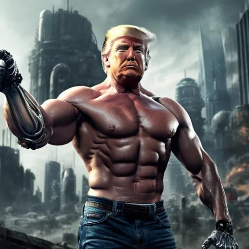 Prompt: Donald Trump with a robot arm and a rippling muscular body against a dystopian city background.