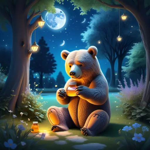 Prompt: (cute bear), eating honey, under (blue moonlight), in a serene park, soft shadows, ethereal ambiance, lush greenery, (A4 size), enchanting atmosphere, tranquil night, high detail, vibrant colors, whimsical style, magical setting, (ultra-detailed), captivating scene, dreamy visualization