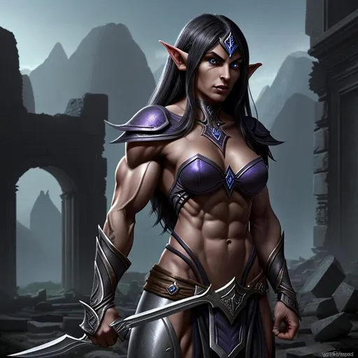 Prompt: "female dark elf warrior with muscles",ancient elf backround ruins