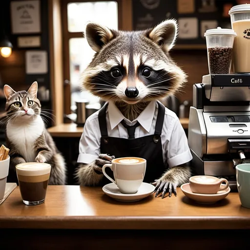 Prompt: imagine  A café run entirely by talking animals. A raccoon barista makes coffee, a parrot takes orders, and a cat manages the cash register.