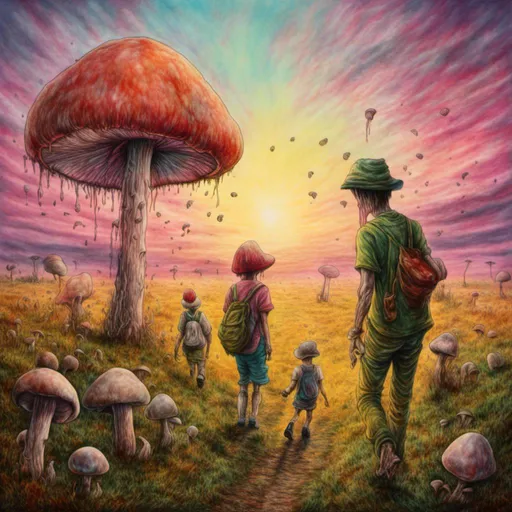 Prompt: <mymodel>
Going out mushroom hunting with the family
Large open field with different size mushrooms
Suttle sunset colors in background
Realistic painting
8k