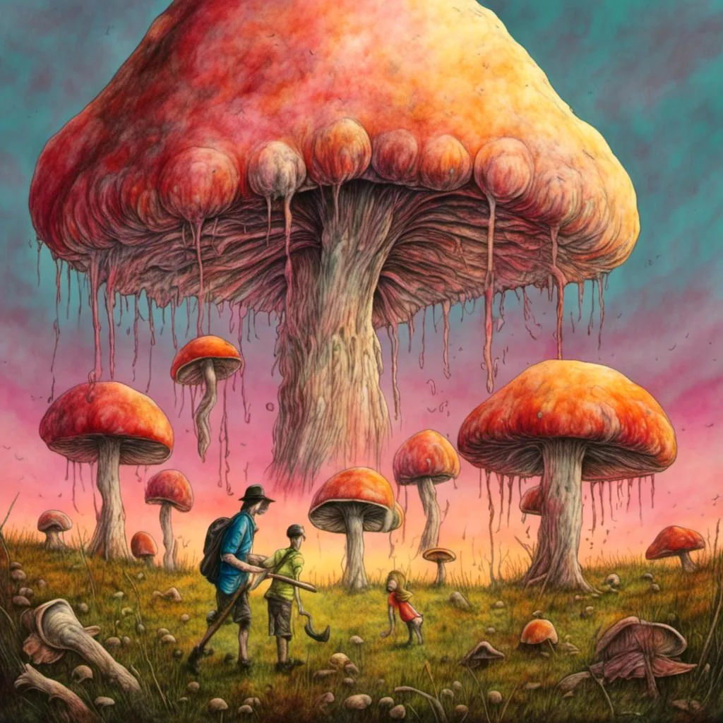 Prompt: <mymodel>
Going out mushroom hunting with the family
Large open field with different size mushrooms
Suttle sunset colors in background
Realistic painting
8k