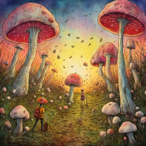 Prompt: <mymodel>
Going out mushroom hunting with the family
Large open field with different size mushrooms
Suttle sunset colors in background
Realistic painting
8k