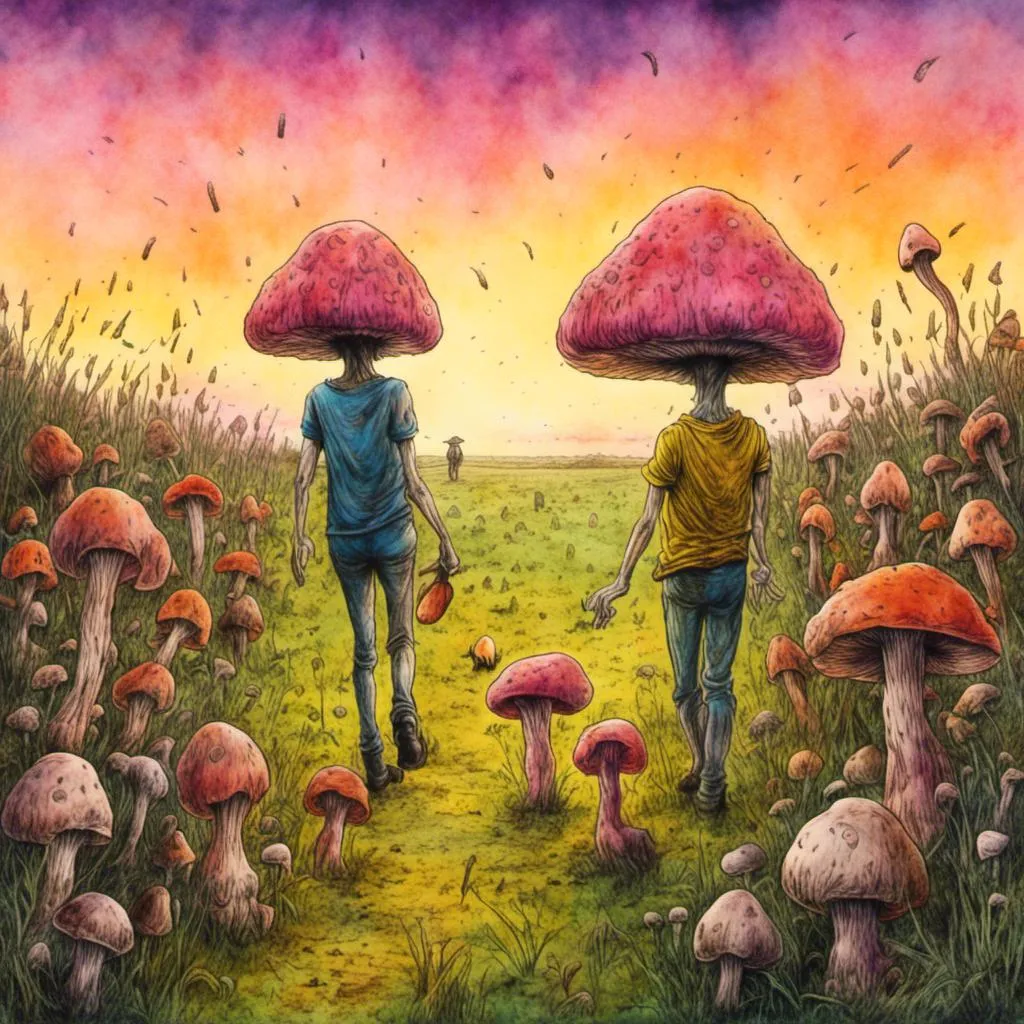 Prompt: <mymodel>
Going out mushroom hunting with the family
Large open field with different size mushrooms
Suttle sunset colors in background
Realistic painting
8k