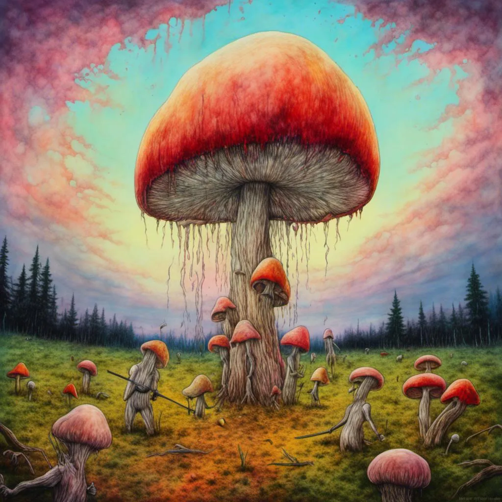 Prompt: <mymodel>
Going out mushroom hunting with the family
Large open field with different size mushrooms
Suttle sunset colors in background
Realistic painting
8k