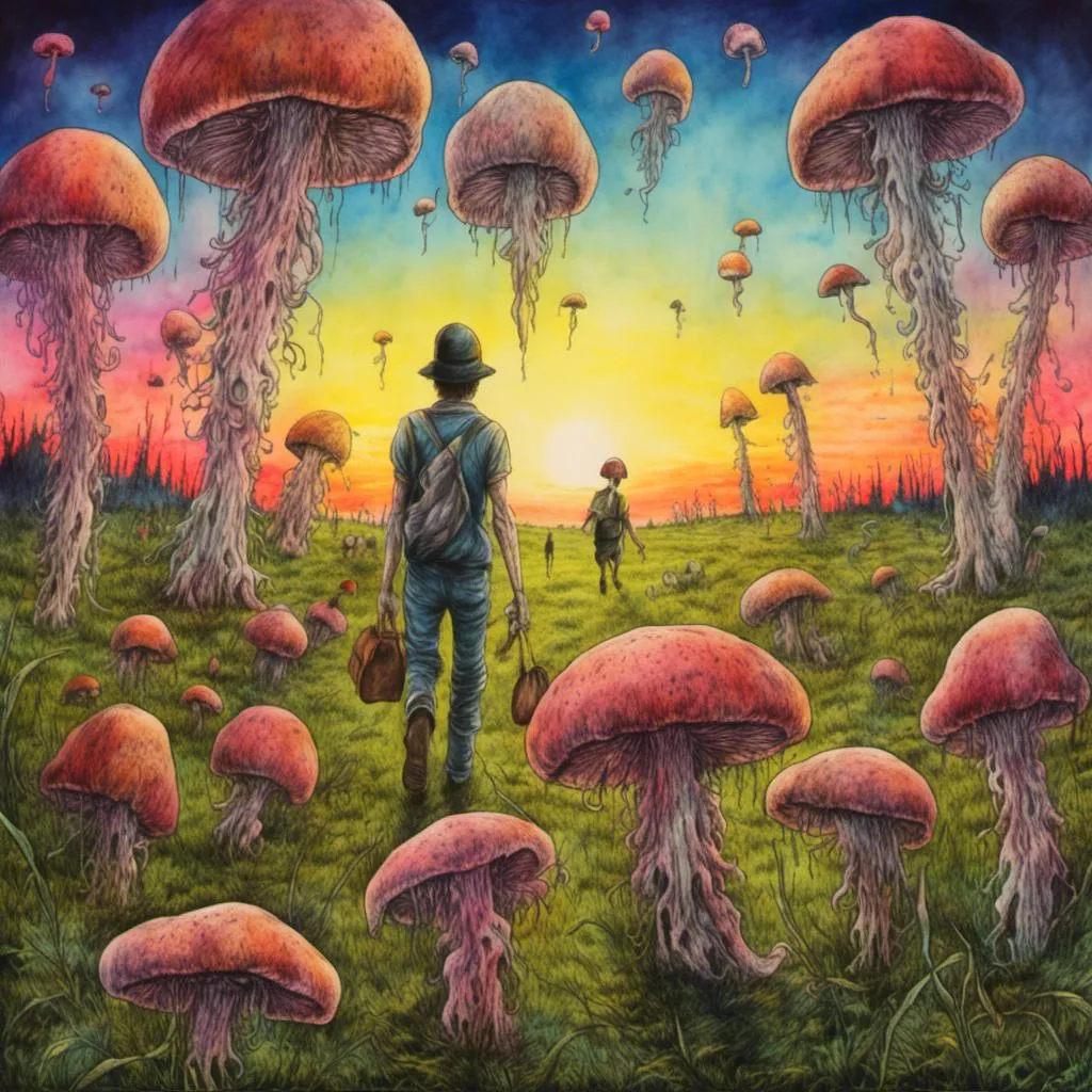 Prompt: <mymodel>
Going out mushroom hunting with the family
Large open field with different size mushrooms
Suttle sunset colors in background
Realistic painting
8k