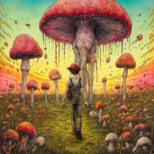 Prompt: <mymodel>
Going out mushroom hunting with the family
Large open field with different size mushrooms
Suttle sunset colors in background
Realistic painting
8k