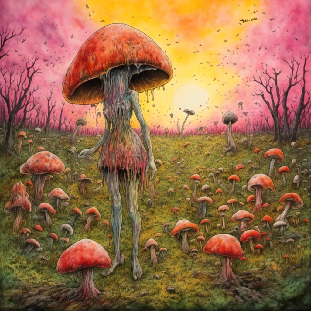 Prompt: <mymodel>
Going out mushroom hunting with the family
Large open field with different size mushrooms
Suttle sunset colors in background
Realistic painting
8k