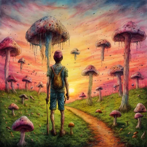 Prompt: <mymodel>
Going out mushroom hunting with the family
Large open field with different size mushrooms
Suttle sunset colors in background
Realistic painting
8k