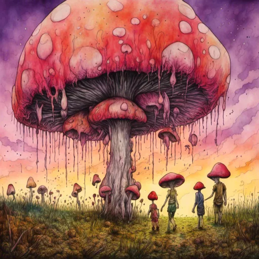 Prompt: <mymodel>
Going out mushroom hunting with the family
Large open field with different size mushrooms
Suttle sunset colors in background
Realistic painting
8k