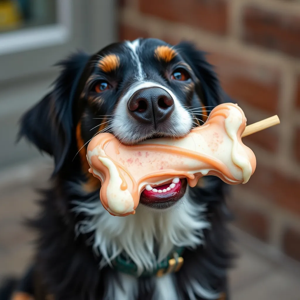 Prompt: a dog enjoying an icecream in the shape of a bone