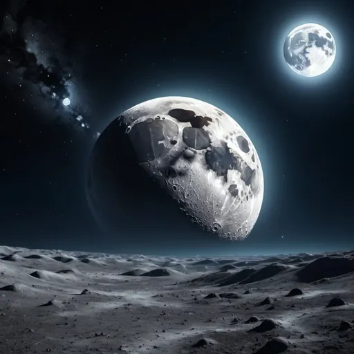 Prompt: (moon in Earth), (surreal scene), soft glowing light, ethereal ambiance, blending night sky and planetary details, delicate texture of the moon's surface, intricate craters, stars shimmering around, high contrast between Earth and moon, (highly detailed), (4K), (vibrant colors), captivating and dreamlike atmosphere.