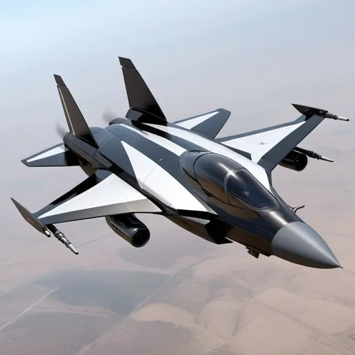 Prompt: create a 6 seater slick modern  fighter jet with carbon fiber skin, horizontal rotors in the Middle of the wings for vertical take of, the cockpits windshield is panoramic from one side to the other,