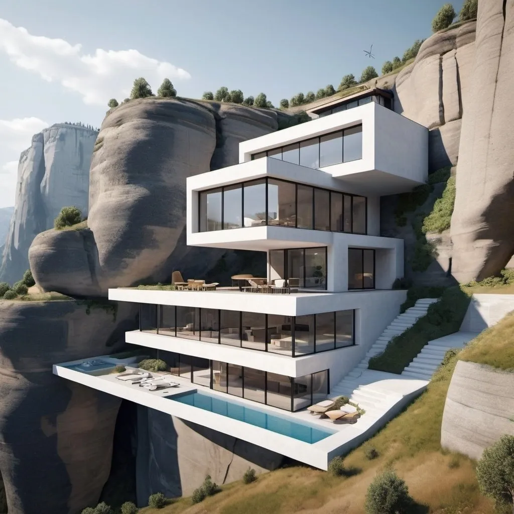 Prompt: create a modern two storey uphill  house stacked in a canyon with a flying car pad like greece meteora