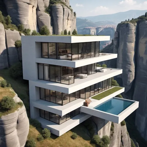 Prompt: create a modern two storey uphill  house stacked in a canyon with a flying car pad like greece meteora