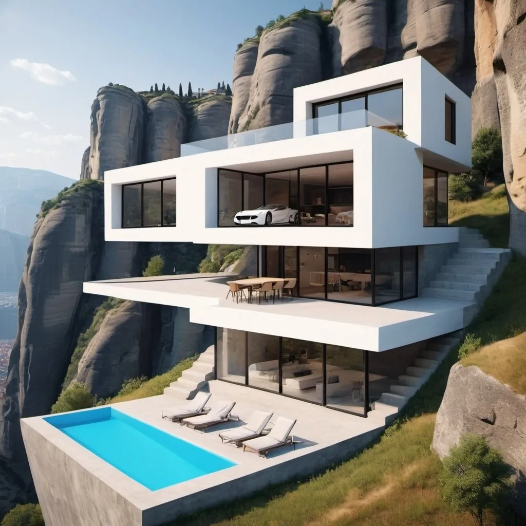 Prompt: create a modern two storey uphill  house stacked in a canyon with a flying car pad like greece meteora