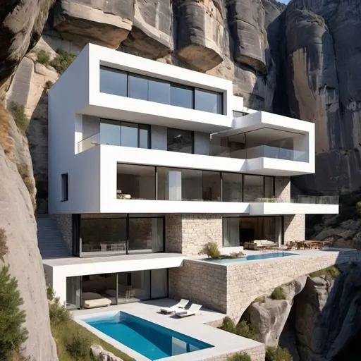 Prompt: create a modern two storey house stacked in a canyon like greece meteora