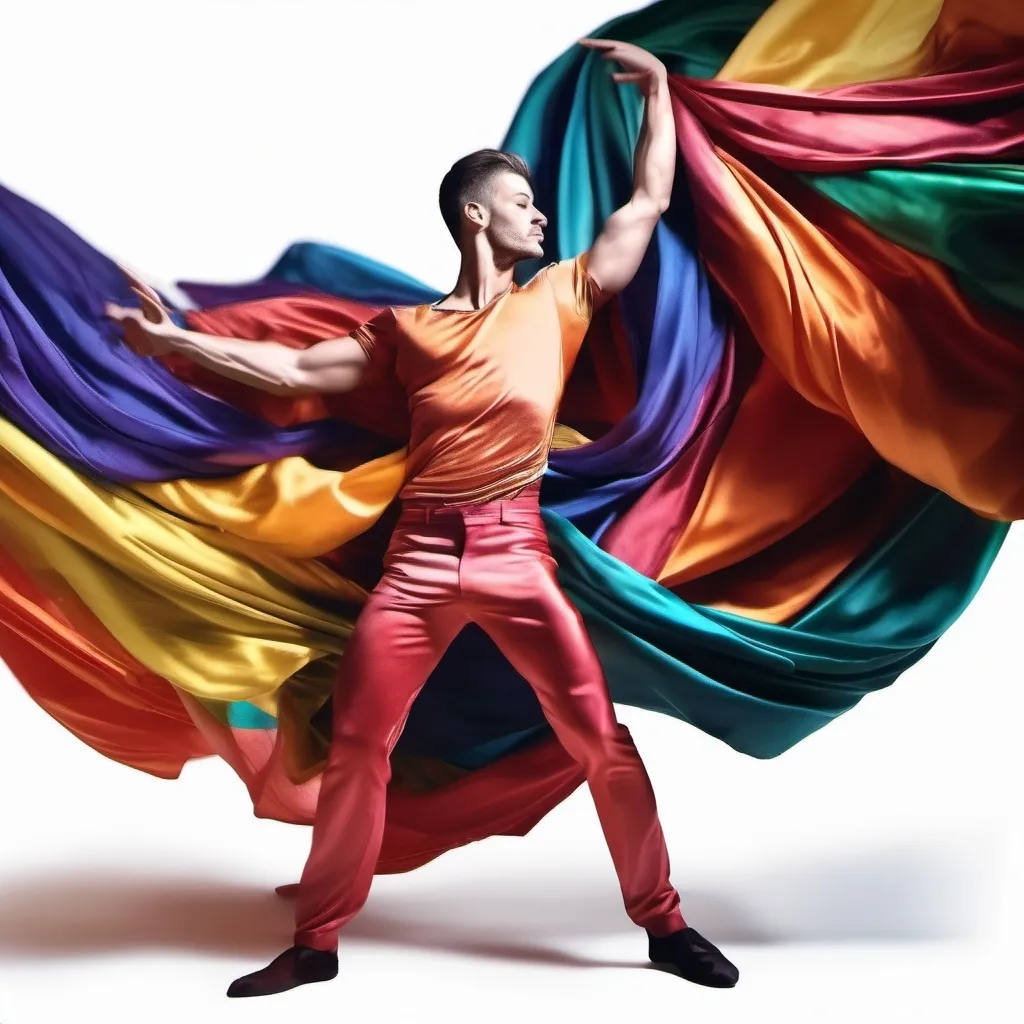 Prompt: Beautiful male dancer, swirling cloths of colorful satin suggesting movement 