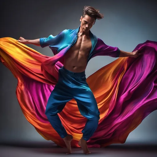 Prompt: Beautiful male dancer, swirling cloths of colorful satin suggesting movement, by Weta Digital 