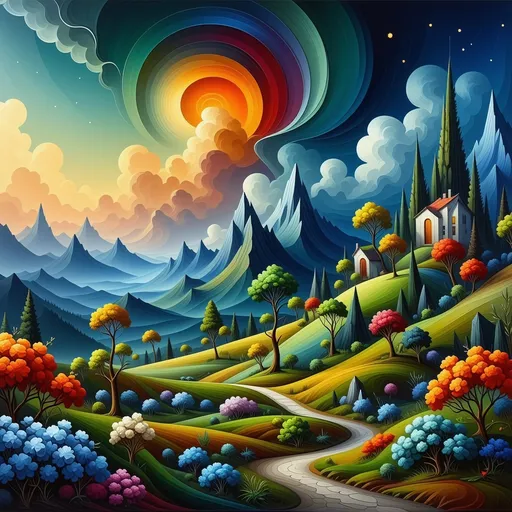 Prompt: Surreal landscape, (in the style of Salvador Dali), dreamy and whimsical elements, vibrant color scheme, swirling skies with striking tones, distorted perceptions, bizarre shapes and figures, ethereal atmosphere, playful contradictions in nature, lush, vivid flora, intricate detailing, high-quality ultra-detailed, cinematic masterpiece.