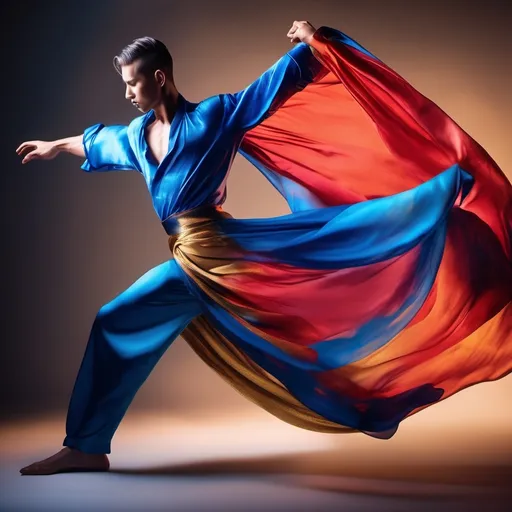 Prompt: Beautiful male dancer, swirling cloths of colorful satin suggesting movement 