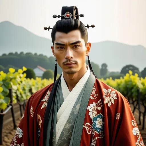 Prompt: photorealistic male portrait, (vibrant colors), Asian Prince, muscular physique, lean and fit build, (vineyard backdrop), intricate traditional clothing adorned with ornate patterns, serene expression, soft lighting highlights facial features, highly detailed, captivating gaze, 4K ultra-detailed quality, rich textures, luxurious ambiance, vivid contrast.