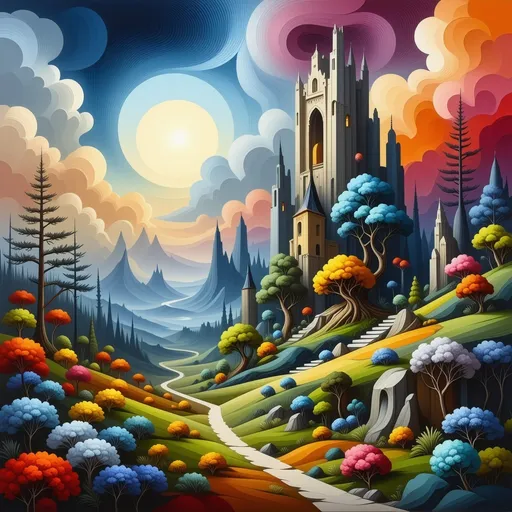 Prompt: Surreal landscape, (in the style of Salvador Dali), dreamy and whimsical elements, vibrant color scheme, swirling skies with striking tones, distorted perceptions, bizarre shapes and figures, ethereal atmosphere, playful contradictions in nature, lush, vivid flora, intricate detailing, high-quality ultra-detailed, cinematic masterpiece.