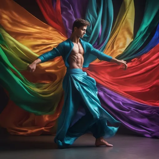 Prompt: Beautiful male dancer, swirling cloths of colorful satin suggesting movement, by Weta Digital 