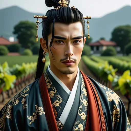 Prompt: photorealistic male portrait, (vibrant colors), Asian Prince, muscular physique, lean and fit build, (vineyard backdrop), intricate traditional clothing adorned with ornate patterns, serene expression, soft lighting highlights facial features, highly detailed, captivating gaze, 4K ultra-detailed quality, rich textures, luxurious ambiance, vivid contrast.