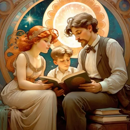Prompt: A teacher reading a book
a young child
a teen boy
a comet
 