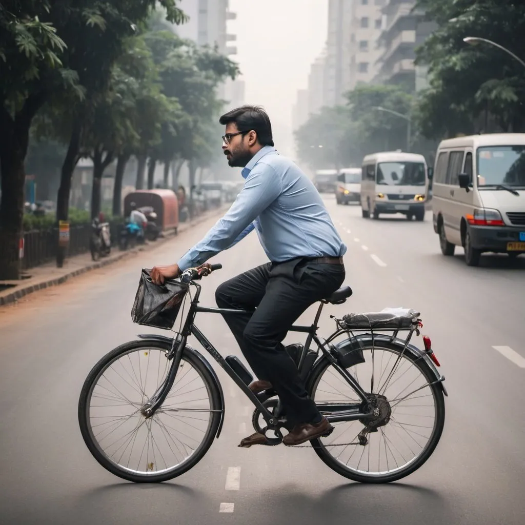 Prompt: an IT professional risking his life to work while travelling to his office in the morning on his bike.