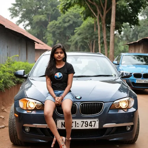 Prompt: An Indian girl sitting over a BMW car bonet