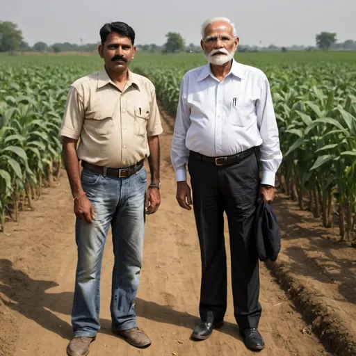 Prompt: An Indian farmer standing in proud beside his son who is a secret service agent of the American government.