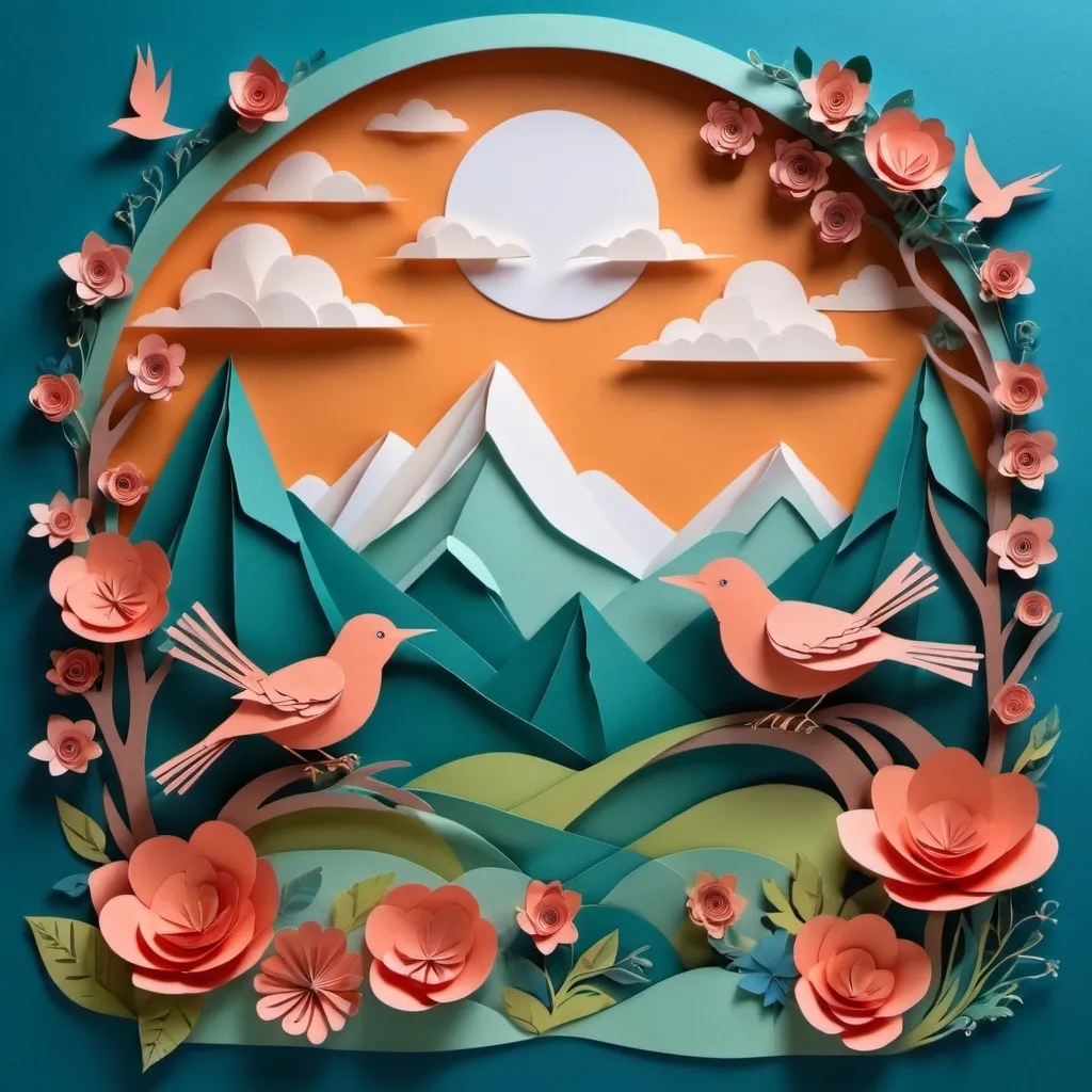 Prompt: A fantasy scene with birds, mountains, flowers, clouds in paper art form.