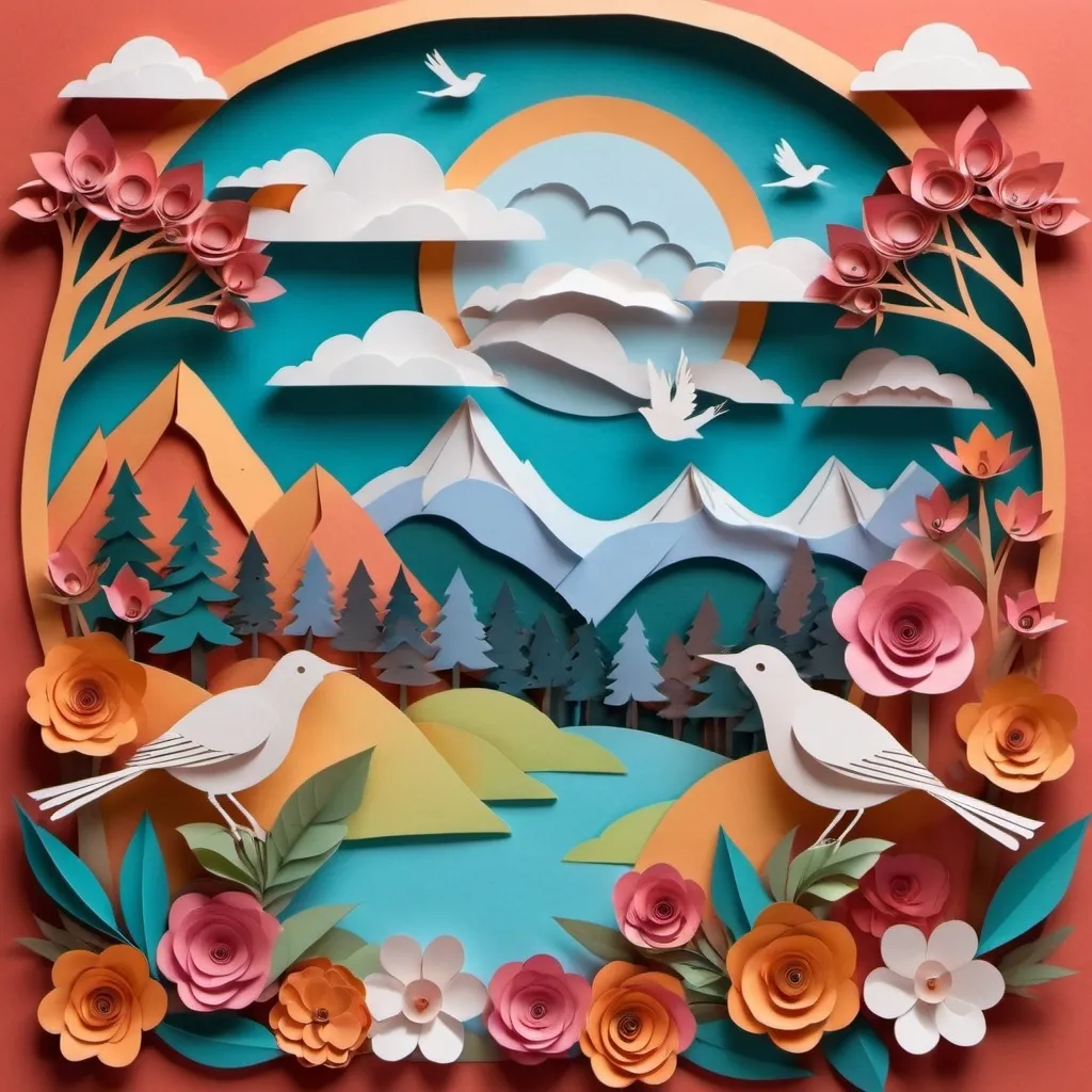 Prompt: A fantasy scene with birds, mountains, flowers, clouds in paper art form.